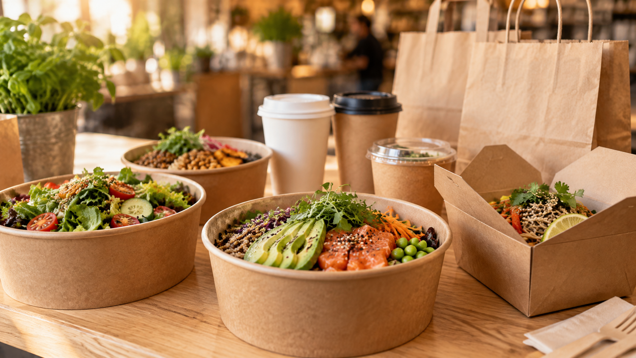 Take away-förpackningar fyllda med färsk mat